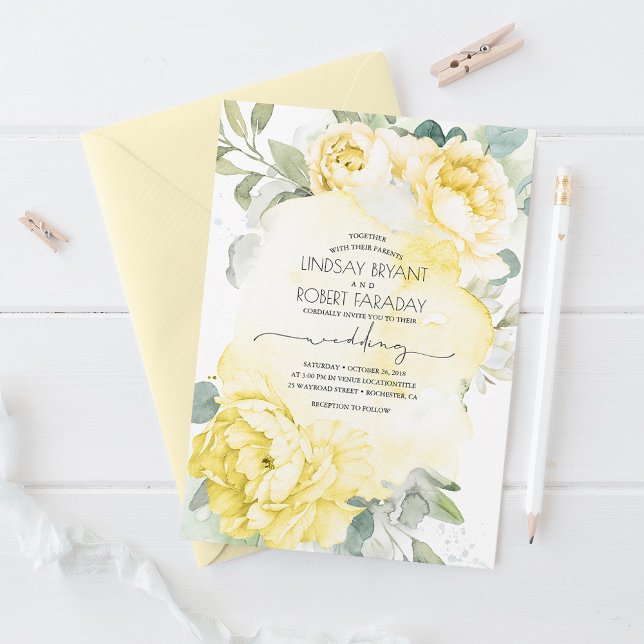 Yellow Floral Boho Greenery Elegante Wedding Einladung (Von Creator hochgeladen)