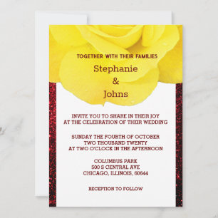 Yellow Floral Burgundy Red Glittery Wedding Einladung