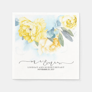 Yellow Floral Dusty Blue Watercolor Wedding Serviette