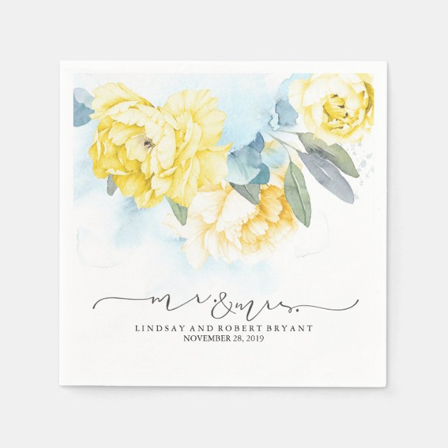 Yellow Floral Dusty Blue Watercolor Wedding Serviette (Vorderseite)