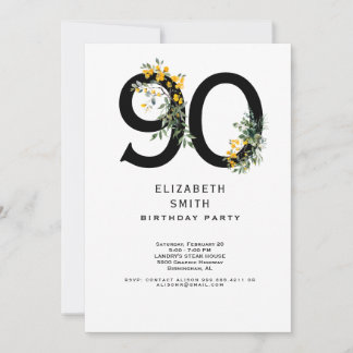 Yellow Floral Elegant 90. Geburtstagsparty Einladung