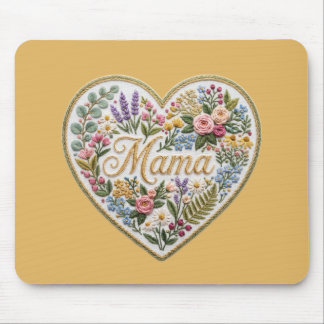 Yellow Floral Faux Embroidery Heart Mama Mousepad