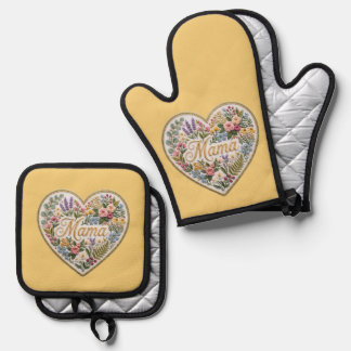 Yellow Floral Faux Embroidery Heart Mama Ofenhandschuh & Topflappen-Set
