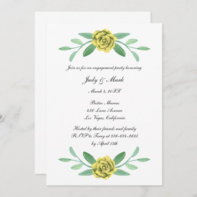 Yellow Floral Greenerity Foliage Engagement Party Einladung (Vorne/Hinten)