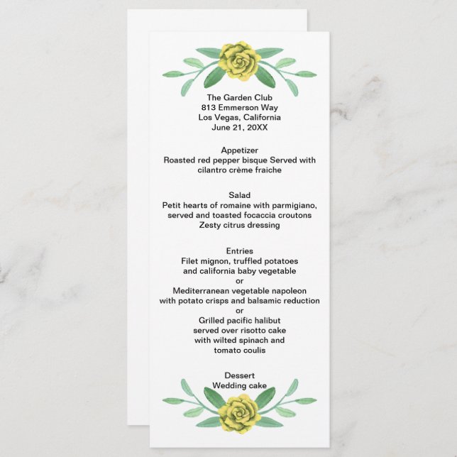 Yellow Floral Greenerity Foliage Wedding Menu Card Ankündigung (Vorne/Hinten)