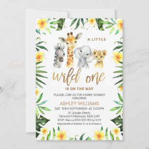 Yellow Floral Greenery Safari Wild One Baby Shower Einladung
