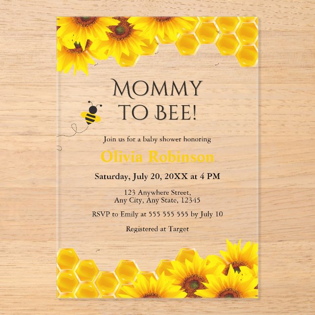 Yellow Floral Honeycomb Mommy to Bee Baby Dusche Acryleinladungen (Vorderseite)