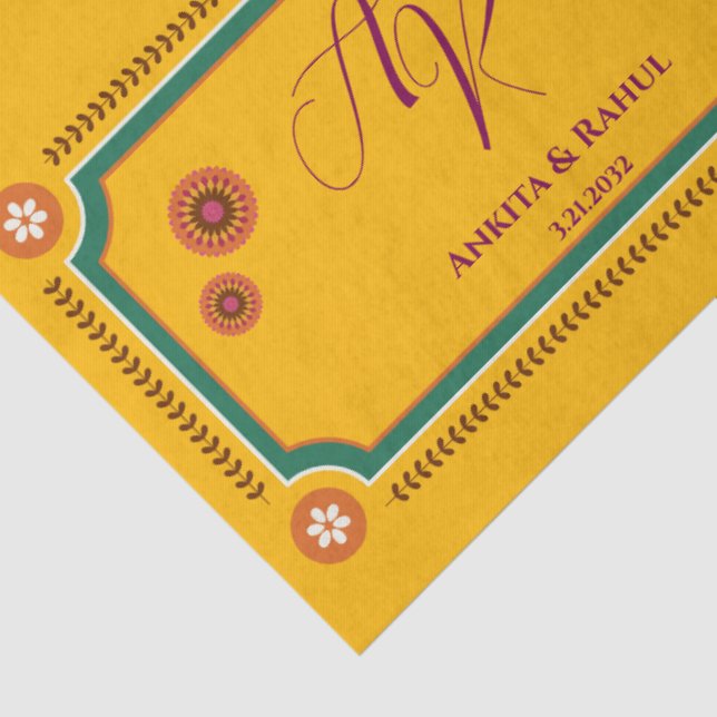 Yellow Floral Monogram Initials Indian Wedding Seidenpapier (Detail)