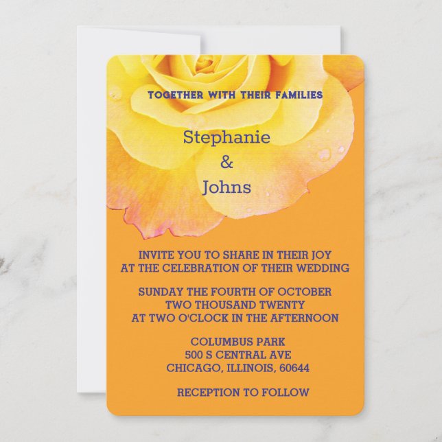 Yellow Floral Orange Rose Navy Blue Boho Wedding I Einladung (Vorderseite)
