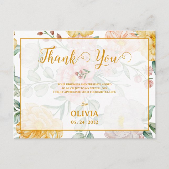  Yellow Floral Romantic Bridal Shower Thank You Postkarte (Vorderseite)