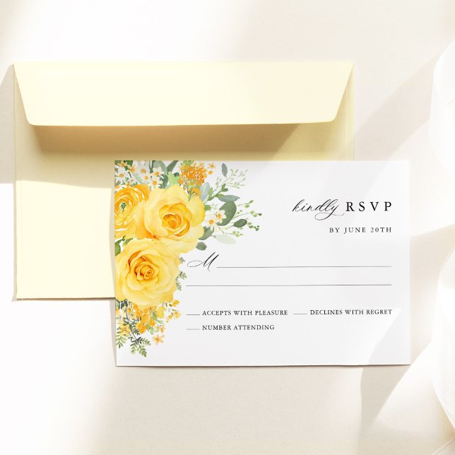 Yellow Floral Rose Watercolor Elegant Wedding RSVP Karte (Yellow floral wedding RSVP card with watercolor yellow roses, romantic garden wedding stationery)