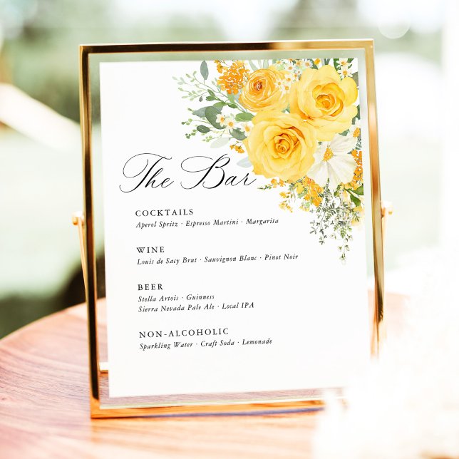 Yellow Floral Rose Wedding Bar Menu Sockelschild (Yellow rose floral wedding bar sign, drink menu wedding sign, yellow wedding stationery outdoor sign)