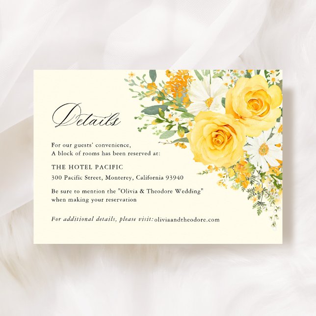 Yellow Floral Rose Wedding Hotel Details Begleitkarte (Yellow floral wedding accommodation card, watercolor yellow roses garden hotel details insert)