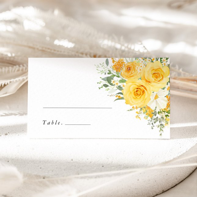 Yellow Floral Rose Wedding Name Place Card Platzkarte (Yellow rose wedding place card, watercolor floral escort card, elegant romantic reception name card)