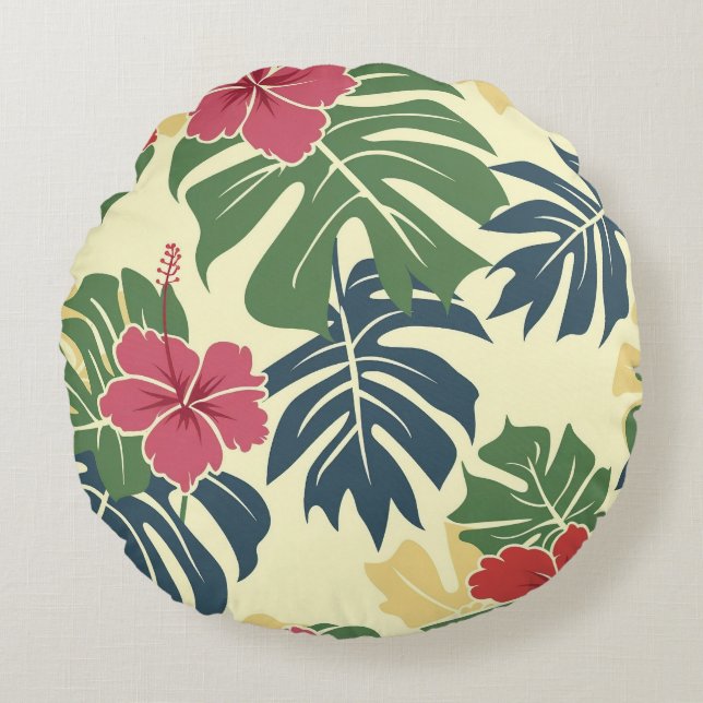 Yellow Floral Tropical Round Pillow Rundes Kissen (Vorderseite)