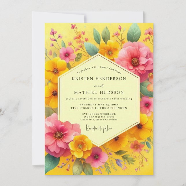 Yellow Floral Whimsy Wedding Einladung (Vorderseite)