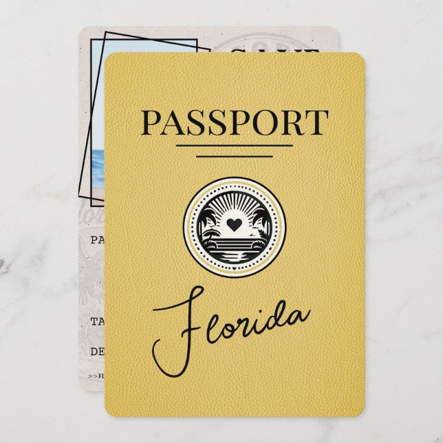 Yellow Florida Passport Save the Date (Vorne/Hinten)