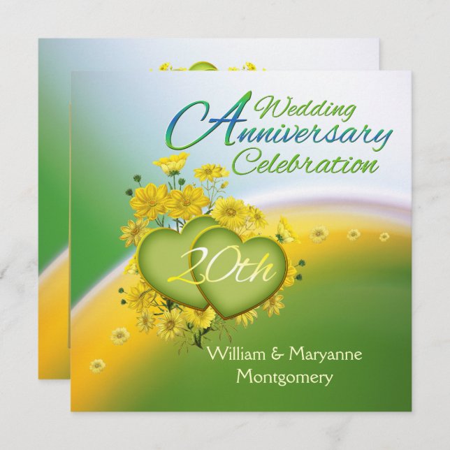Yellow Flowers Hearts 20. Jubiläum Party Einladung (Vorne/Hinten)
