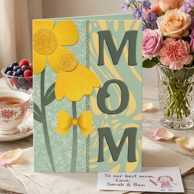 Yellow Flowers On Sage Green Mothers Greeting Karte (Bright sunny yellow flowers for a cheerful mother's day greeting or personal message.)