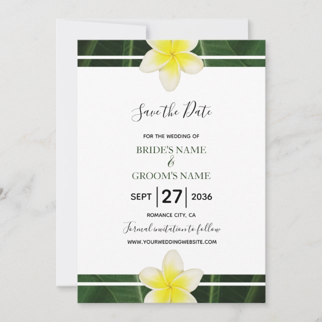 Yellow Frangipani Plumeria Wedding Save the Date (Vorderseite)