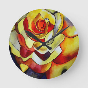 Yellow Freesia Aquarell Originalkunst Blume Runde Wanduhr