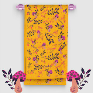 Yellow Fuchsia Funny Mushrooms Custom Baby Name Handtuch