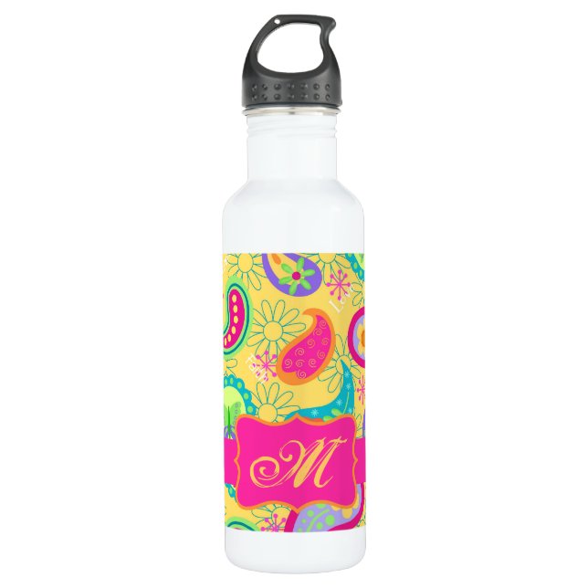 Yellow Fuchsia Pink Modern Paisley Monogram Edelstahlflasche (Vorderseite)