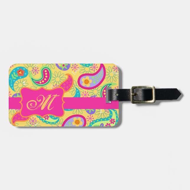Yellow Fuchsia Pink Modern Paisley Monogram Gepäckanhänger (Vorderseite horizontal)