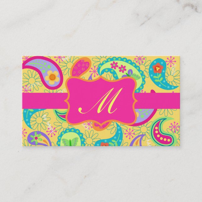 Yellow Fuchsia Pink Modern Paisley Monogram Visitenkarte (Vorderseite)
