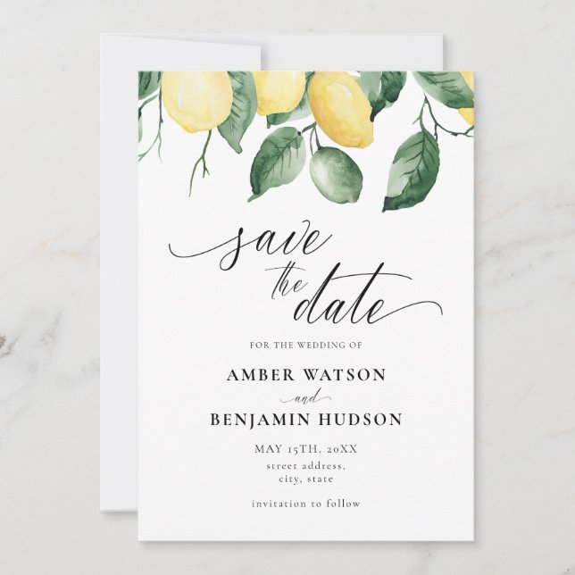 Yellow Garden Summer Lemons Save the Date Card Einladung (Vorderseite)