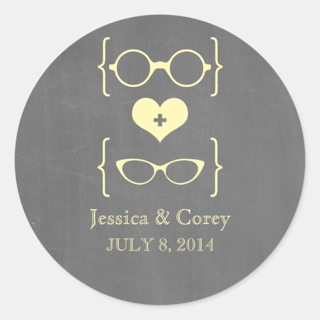 Yellow Geeky Glasses Chalkboard Wedding Stickers (Vorderseite)