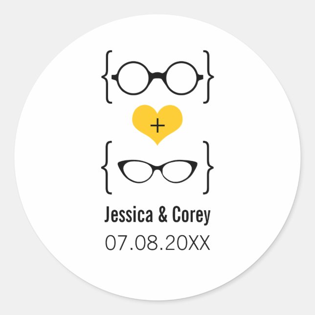 Yellow Geeky Glasses Wedding Stickers (Vorderseite)