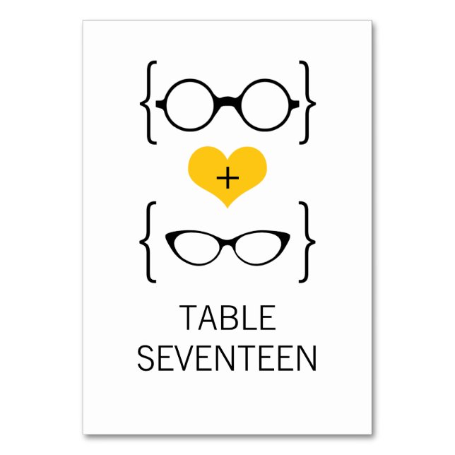 Yellow Geeky Glasses Wedding Table Card Tischnummer (Vorderseite)