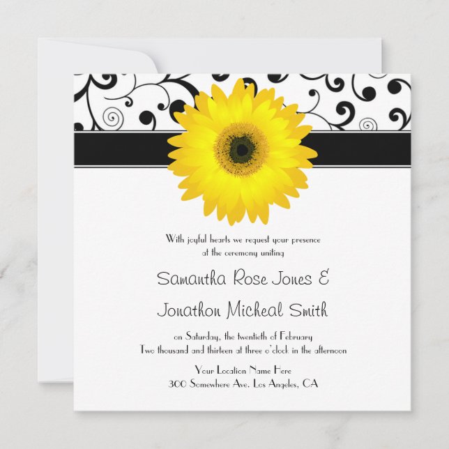 Yellow Gerbera Daisy Black Scroll Design Hochzeit Einladung (Vorderseite)