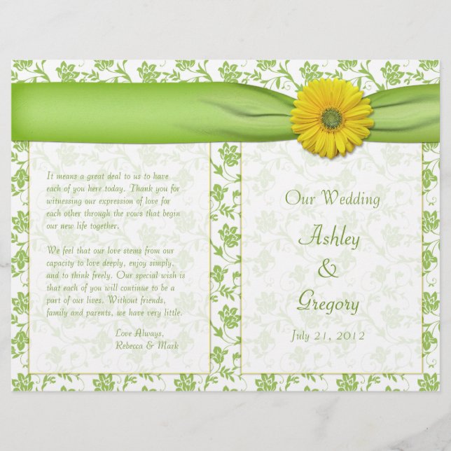 Yellow Gerbera Daisy Green Floral Wedding Program (Vorderseite)