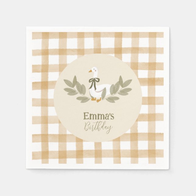 Yellow Gingham Albern Goose Birthday Party Serviette (Vorderseite)