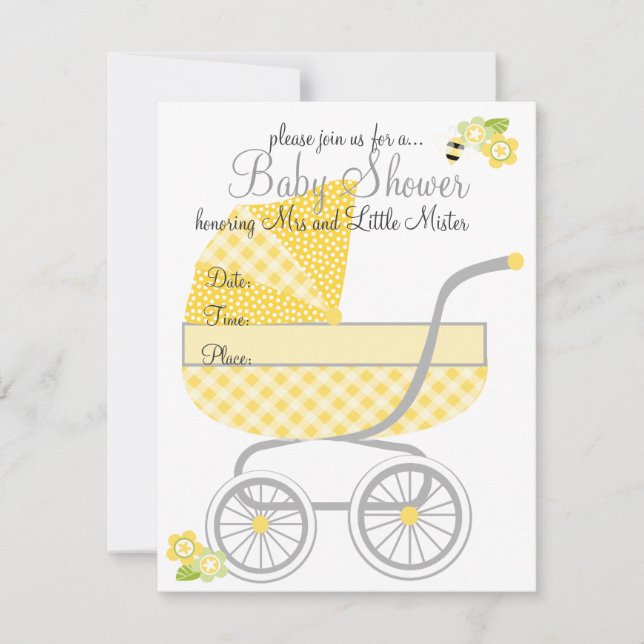 Yellow Gingham Baby Buggy Einladung (Vorderseite)