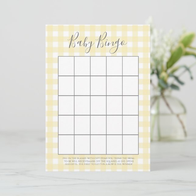 Yellow Gingham Baby Dusche Bingo Karten (Stehend Vorderseite)