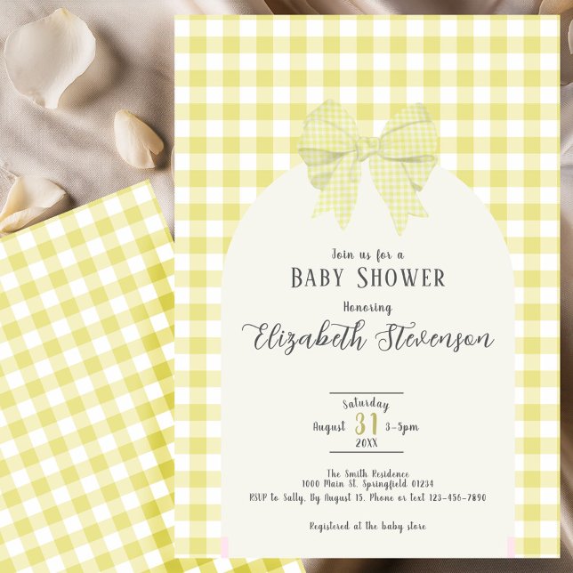Yellow Gingham Bow Gender Neutral Baby Shower Einladung (Von Creator hochgeladen)