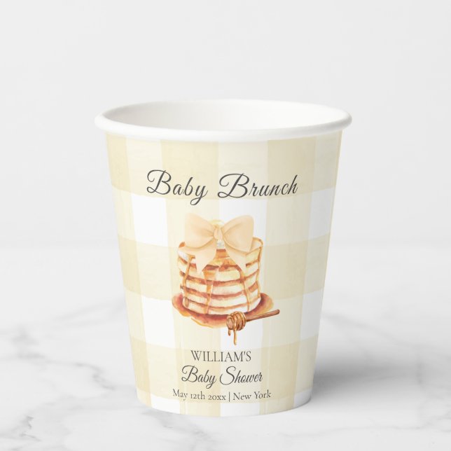 Yellow Gingham Bow Pancake Brunch Babydusche Pappbecher (Vorderseite)