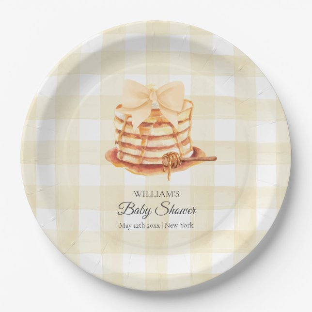 Yellow Gingham Bow Pancake Brunch Babydusche Pappteller (Vorderseite)