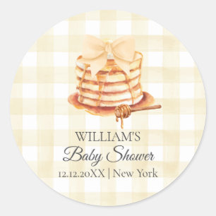 Yellow Gingham Bow Pancake Brunch Babydusche Runder Aufkleber