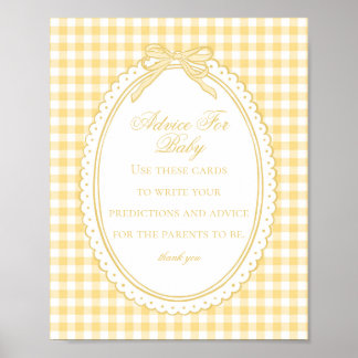 Yellow Gingham Coquette Bow Advice for Baby Shower Poster