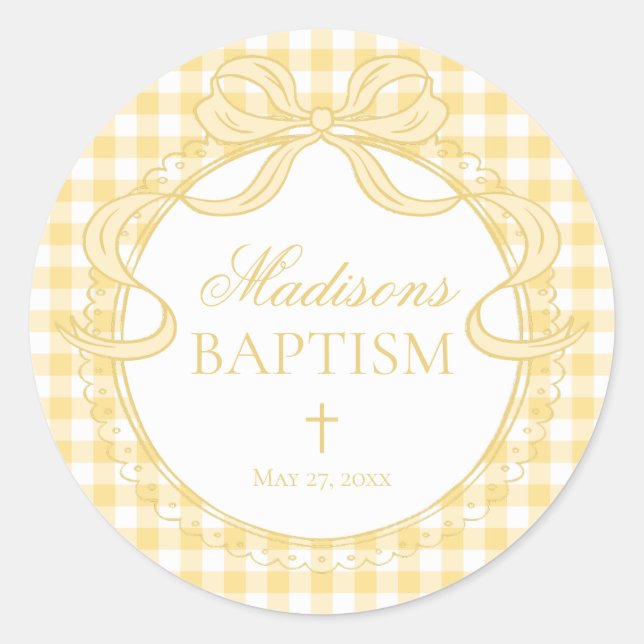 Yellow Gingham Coquette Bow Baptism Envelope Seal Runder Aufkleber (Vorderseite)
