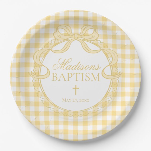 Yellow Gingham Coquette Bow Baptism Pappteller (Vorderseite)