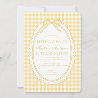 Yellow Gingham Coquette Bow Birthday Party Einladung