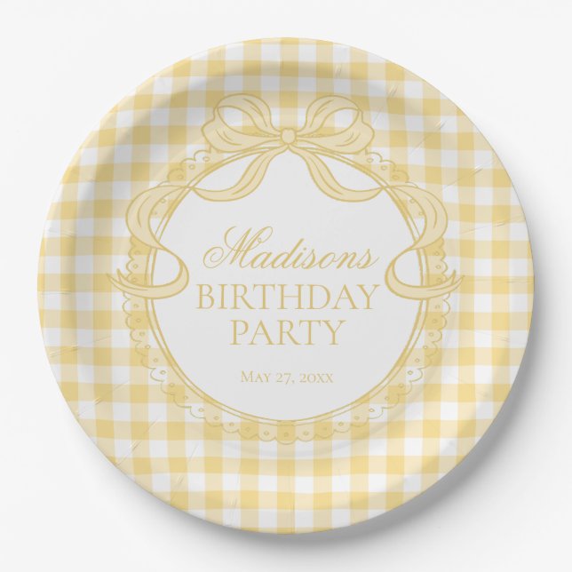 Yellow Gingham Coquette Bow Birthday Party Pappteller (Vorderseite)