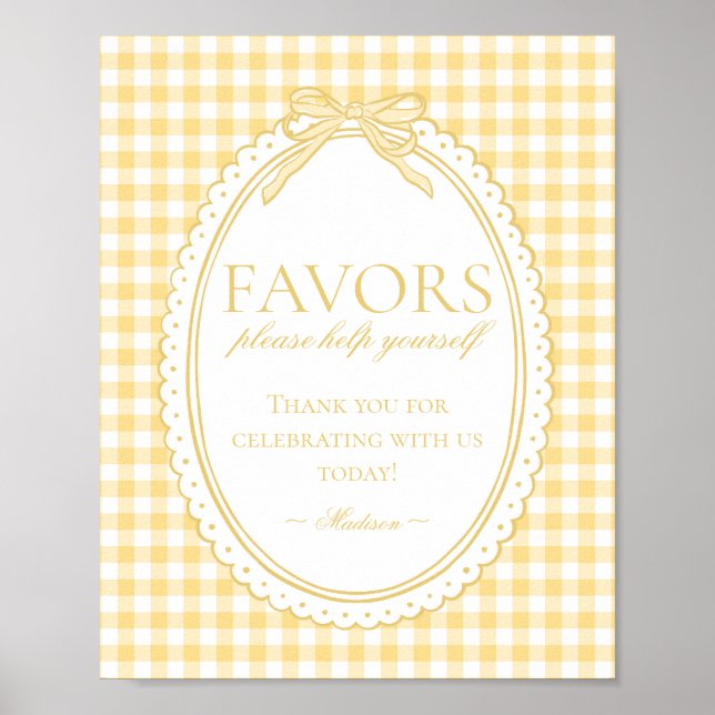 Yellow Gingham Coquette Bow Favors Sign Poster (Vorne)