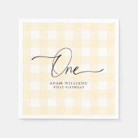 Yellow Gingham First Birthday Paper Napkin