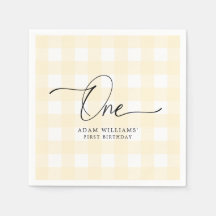 Yellow Gingham First Birthday Paper Napkin